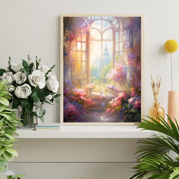 Sunlit serenade from garden window, digital download, digital artwork, aesthetic sunlit window art print, digital wall art print