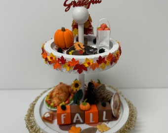 Miniature Thanksgiving Tiered Tray Decor Handmade by Lynnleescreations