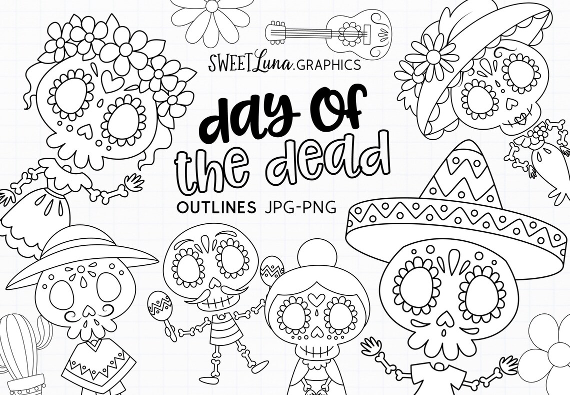 Day of the Dead Outlines Clipart Dia De Los Muertos Clipart - Etsy