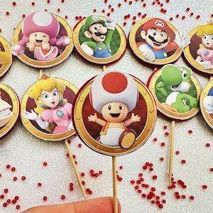Decorazioni compleanno Mario Bross e baby Principessa Peach Party: mix Cupcake toppers realizzati a mano e personalizzati - palloncini