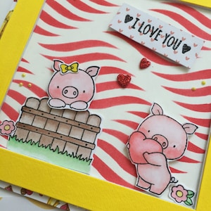Biglietto di auguri "I Love you" Maialini innamorati handmade San Valentino