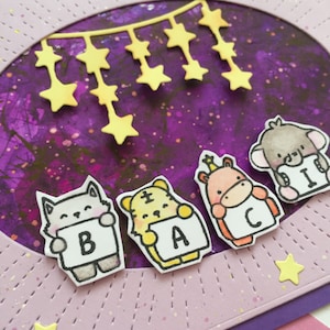 Biglietto auguri realizzato a mano Animali e Stelle greeting card birthday BACI