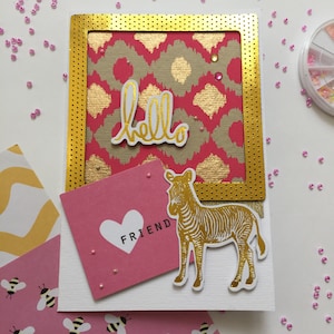 Biglietto di auguri realizzato a mano Hello Friend zebra oro/fucsia compleanno