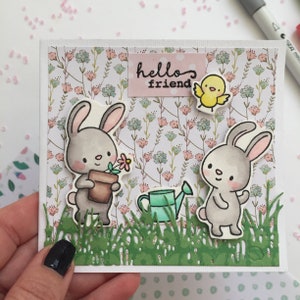 Biglietto di auguri "Hello friend" Coniglietti e pulcino greeting card Amici