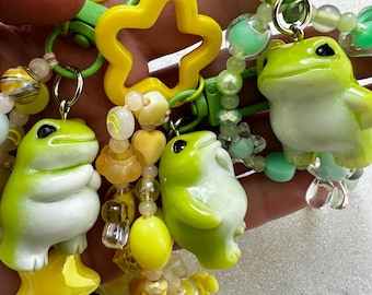 3D frog charms - personalized bag or keychain pendants in yellow and green tones