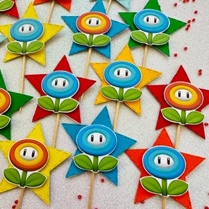 Decorazioni compleanno tema Mario Bross Party: mix Cupcake toppers per torta e muffin realizzati a mano, cannucce di carta
