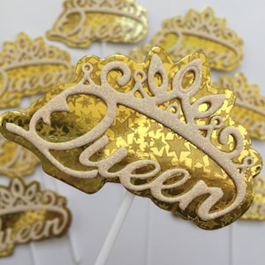 10 Cupcake toppers Queen oro decorazioni torta party festa compleanno regina e personalizzati