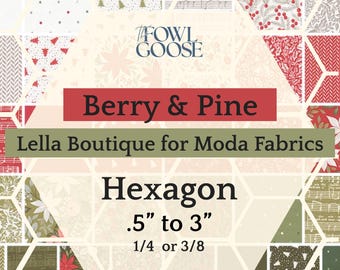 EPP Hexie in Berry & Pine Christmas Set of 50 Moda Fabrics | Hexagon 1/4 or 3/8 | English Paper Piecing Quilt | EPP FPP