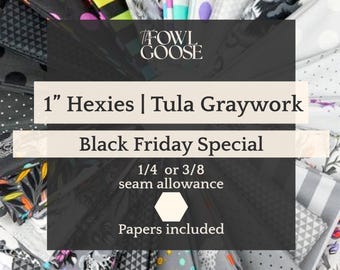 Tula Pink Graywork Fabric Hexagon Set of 50: Floral, English Paper Piecing