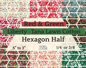 EPP Hexie Half in Liberty Tana Lawn Set of 50 Red and Green | Christmas Hexagon Half 1/4 or 3/8 | English Paper Piecing Quilt | EPP FPP