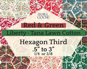 EPP Hexie Third in Liberty Tana Lawn Set of 50 Red and Green | Christmas Hexagon Crown 1/4 or 3/8 | English Paper Piecing Quilt | EPP FPP
