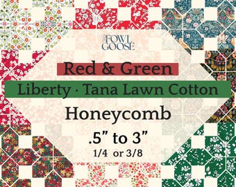 EPP Honeycomb Hexie in Liberty Tana Lawn Set of 50 Red Green | Christmas Elongated Hexagon 1/4 or 3/8 | English Paper Piecing Quilt | FPP