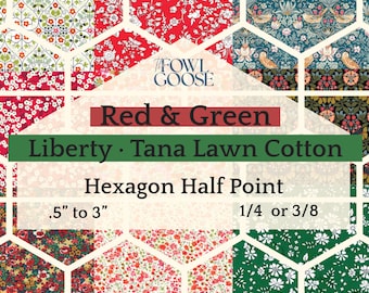 EPP Hexie Pointed Half in Liberty Tana Lawn Set of 50 Red Green | Christmas Hexagon Half 1/4 or 3/8 | English Paper Piecing Quilt | EPP FPP