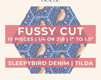 Fussy Cuts EPP Hexie Set of 10 | Sleepy Bird Hibernation Tilda Fabrics, English Paper Piecing