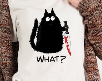Zwarte kat met mes welk shirt, grappig wat? Halloween Cat Shirt, Kat Lover Shirt, Moorddadige Kat Tee, Grappige Zwarte Kat Halloween Shirt