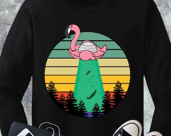 Long Sleeve Alien Abduction Shirt,  X-Files-Close Encounters inspired Alien UFO Flamingo Pool Floatie Shaped Area 51 Flying Saucer shirt