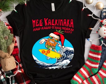 Maglietta carina con scritta "Mele Kalikimaka Tropical Hawaii Christmas Vacation", divertente ananas surfista con cappello da Babbo Natale, maglietta con scritta "Mele Kalikimaka Tropical Cruise"