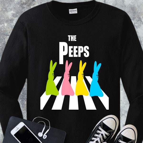 Peeps Crossing The Iconic Abbey Road, Fun Fab Four parody and Beetles Fan design on black T-shirt