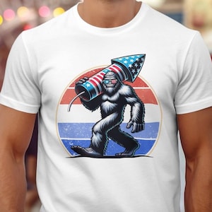 Retro Bigfoot American Flag Shirt, Retro Sasquatch Fireworks Graphic, Vintage Vintage Bigfoot American Flag T-Shirt, Patriotic July 4th Tee
