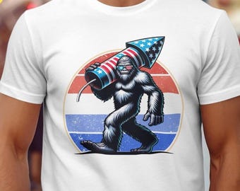Maglietta con bandiera americana Bigfoot retrò, grafica retrò di fuochi d'artificio di Sasquatch, maglietta vintage con bandiera americana Bigfoot, maglietta patriottica del 4 luglio