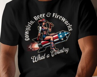 Retro countrywestern shirt 4 juli, vintage cowgirl T-shirt, shirt patriottisch bier en vuurwerk, shirt 45h of July Beer Lovers