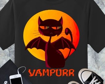 Vampurr, Fun Black Vampire Cat Halloween Shirt, Purranormal Cativity, Black Bat Cat, Spooky Vampire cat, Cat Lover Shirt, cadeau d’Halloween