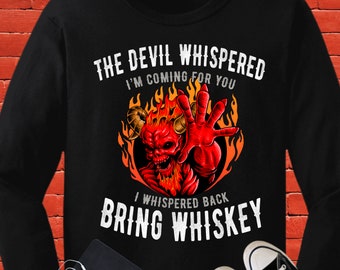 Dark Gothic Humor Tee, Dark Humor Devil Whiskey Shirt, Fiery Demon Graphic Tee, Unisex Biker Style T-Shirt, Funny Distressed Gothic Graphic