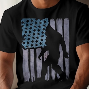 Bigfoot American Flag Distressed Tee, Patriotic Sasquatch Shirt, Vintage USA Yeti Shirt, Retro Bigfoot Lover Gift, Bigfoot 4th of July shirt