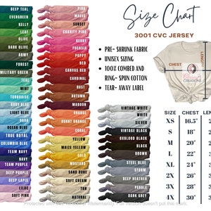 Pode incluir: Uma tabela de tamanhos para t-shirts de jersey CVC 3001. A tabela mostra as medidas de peito e comprimento em polegadas para os tamanhos XS a 4X. A tabela tamb&eacute;m lista os detalhes do tecido: pr&eacute;-encolhido, tamanho unissex, 100% algod&atilde;o penteado e ring-spun, e etiqueta remov&iacute;vel.