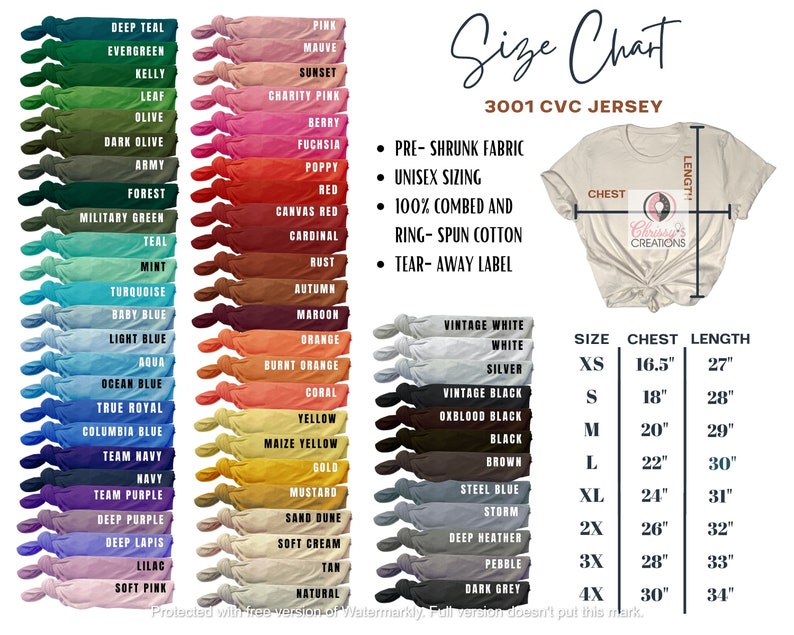 Pode incluir: Uma tabela de tamanhos para t-shirts de jersey CVC 3001. A tabela mostra as medidas de peito e comprimento em polegadas para os tamanhos XS a 4X. A tabela tamb&eacute;m lista os detalhes do tecido: pr&eacute;-encolhido, tamanho unissex, 100% algod&atilde;o penteado e ring-spun, e etiqueta remov&iacute;vel.