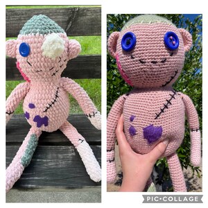 May include: A handmade crochet doll in pink, green, and white. The doll has button eyes, stitched details, and patches of purple and pink. The doll's design resembles a zombie or monster.