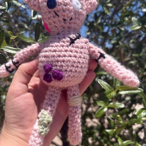May include: A handmade crochet doll in shades of pink, green, and purple. The doll has button eyes, stitched details, and a stitched cross on its chest. The doll is held in front of a background of green leaves.