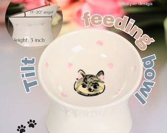 Personalized Elevated pet bowl Ceramic Cat Portrait Dish- Custom Dog Dish, Raised Pet Bowl, Dog Dish, Hand Drawing Pet Feeder