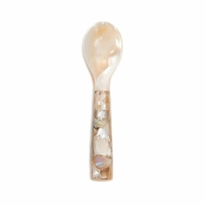 May include: A pearlescent spoon with a rounded bowl and a handle inlaid with iridescent shell fragments. The spoon is a light beige color and is set against a white background.