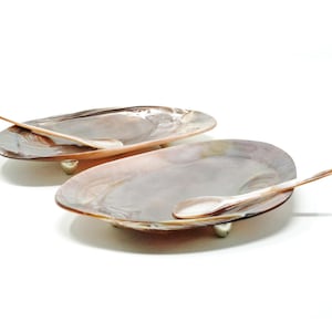 May include: Two oval-shaped serving dishes with matching spoons. The dishes have a pearlescent finish with silver-colored feet. The spoons are light brown. The dishes are on a white background.