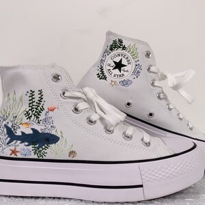 Custom Converse Chuck Taylor 1970s Embroidery shark • Ocean Vibes Embroidered shoes • Converse Embroidered baby Shark snail fish gold shoes