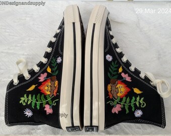 Vietnamese embroidered shoes converse mushroom flower animal shoes • Custom converse high tops shoe • Vietnamese handmade  embroidered shoes