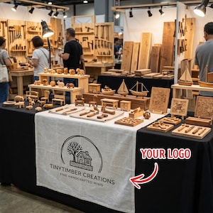 May include: A display of handcrafted wooden miniatures, including animals, furniture, and boats. The table is covered with a white cloth featuring a logo that reads "TinyTimber Creations, Fine Handcrafted Minis". The background shows tools and wooden planks.