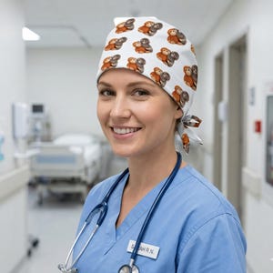 May include: A white surgical scrub cap featuring a repeating pattern of brown and gray cartoon monkeys. The cap is tied at the back and worn by a person in blue scrubs, with a stethoscope around their neck. The person is smiling in a hospital hallway.