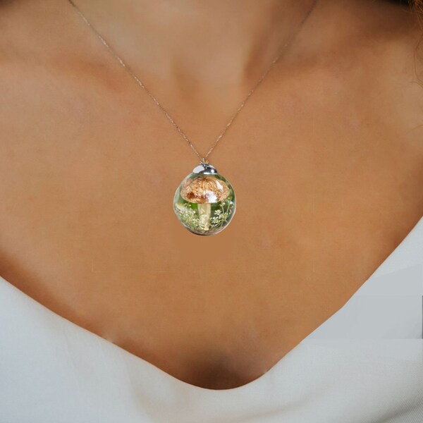 Silver necklace resin jewelry, Flower epoxy resin jewelry, dried mushroom sphere jewelry, mushroom necklace jewelry, Boho hippie style chain