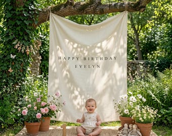 Custom Birthday Fabric Banner, Personalized Name Flag, Reusable Birthday Party Backdrop, Fabric Birtday Sign,  linen Birthday Boho banner