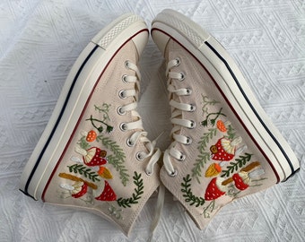 Vietnamese embroidered shoes converse mushroom flower animal shoes • Custom converse high tops shoe • Vietnamese handmade  embroidered shoe