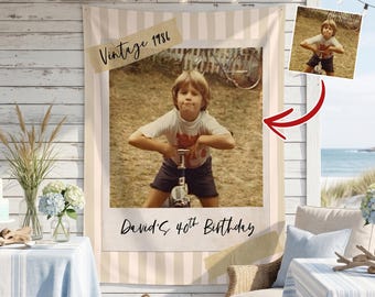 May include: A rectangular wall tapestry featuring a beige and white vertical striped background with a large central photo of a child on a bicycle. The text Vintage 1986 appears at the top, and David's 40th Birthday is printed at the bottom.