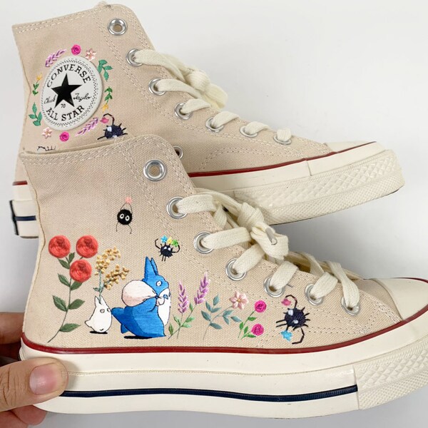 Vietnamese embroidered shoes converse flower Totoro and spider shoe• Custom converse high tops shoe• Ghibli Anime embroidered converse shoes