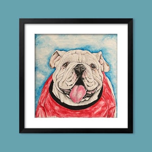 BULLDOG PAINTING / 8 « x8 » Impression de peinture à l’aquarelle / Fond bleu / Décor de dortoir / Art carré / Art d’Athènes Géorgie
