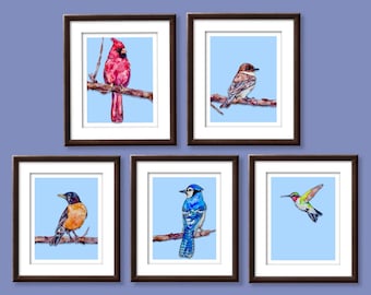 WATERCOLOR ART PRINTS/Set of 5/Bird Paintings/Livingroom Décor/Above the bed wall art/Gallery wall prints/Gift for bird lover