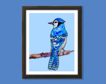 WATERCOLOR BLUEJAY PRINT/Bird Painting/Blue Jay bird art/Livingroom Décor/Art print/Blue bird/Gallery wall prints/Gift for bird lover