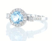 Aquamarine Engagement Ring Half Eternity Halo Bitrthstone Ring White Gold 14K Handmade