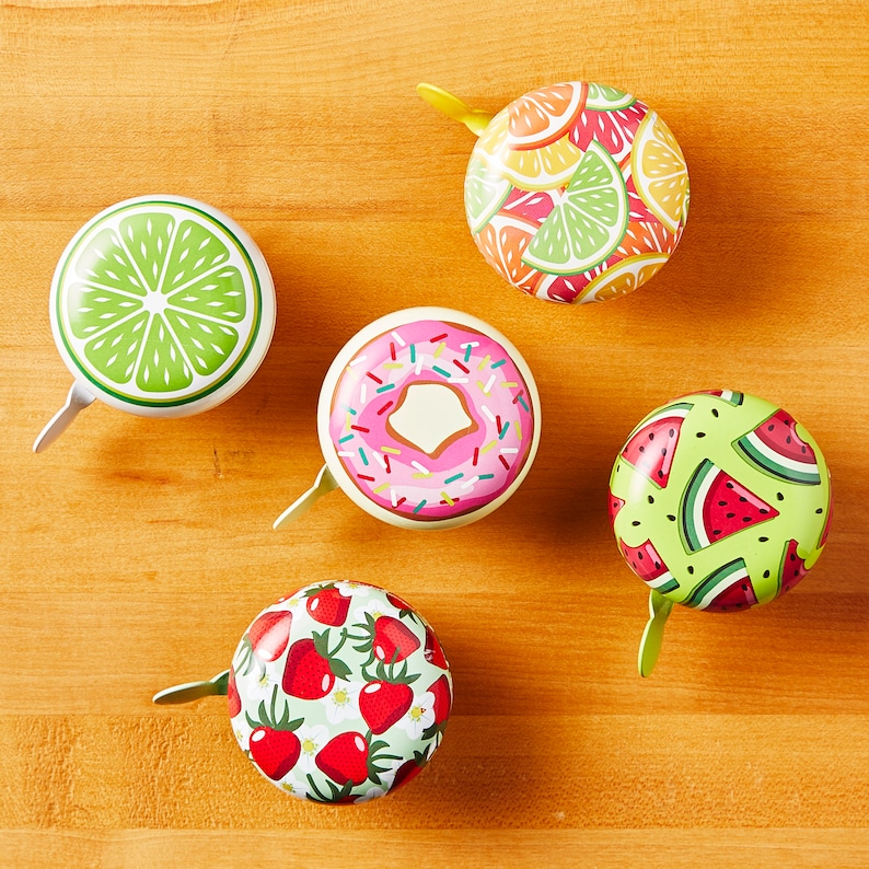 bunch of foodie cute bike bells to choose donut

cute bike accessories - bicycle accessory - gift for her - gift for bike rider - birthday gift - bicycle bell - Cute Things Seattle bike bell - cycling gifts, holiday gifts, wheelchair accessories