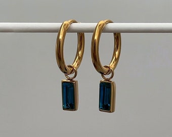 Dainty 18k Gold Plated Huggies Sapphire Pendant | Hypoallergenic | Blue Gold Hoop Earrings | Perfect Gift for Her | Love Gift